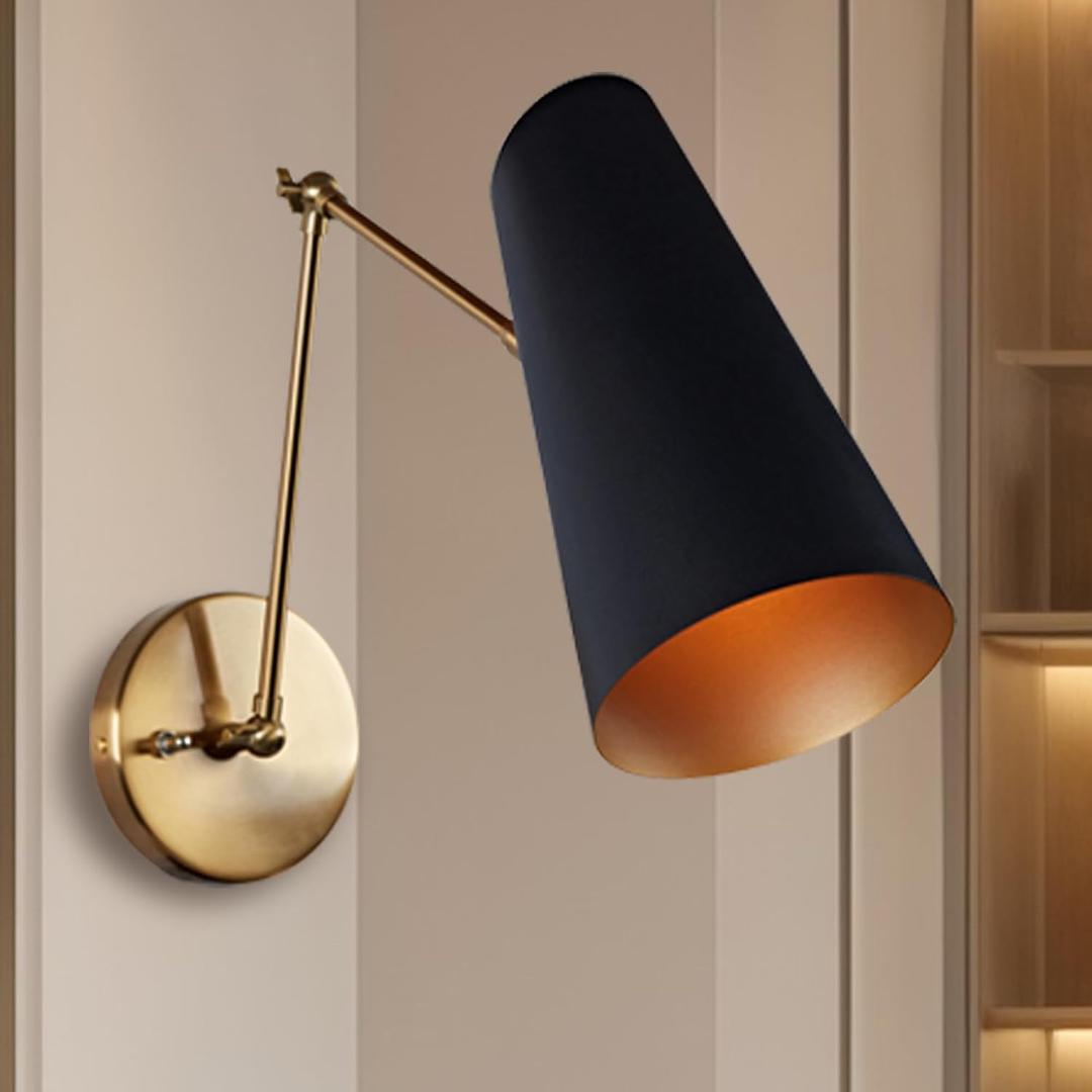9.75" Elegant Mid-Century Modern Metal Sconce, Streamlined Design Metal Wall Light for Living Room, Bedroom, Sitting Room, Lounge Room, Hardwire (Articulating, Bronze with Brass Pole)