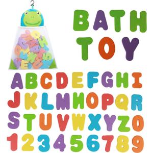 Bath Toys Organizer + 36 Soft Foam ABC 123 Letters & Numbers Bathroom Alphabet Baby Toys for Early Learning Foam Letters and Quick Dry Storage Net Bag (Blue)