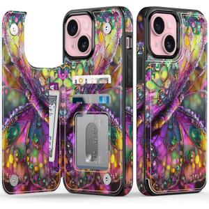 FUNMIKO for iPhone 15 Wallet Case with Card Holder, RFID-Blocking, Military-Grade Protection & UV-Printed Artwork, Magnetic Closure with Leather Kickstand - Vibrant Elegant Butterfly