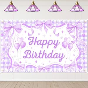 Mocsicka Purple Bow Coquette Birthday Decorations Happy Birthday Backdrop Bow Girls Bachelorette Party Decorations Photo Booth Props (Purple, 6x3.6ft)