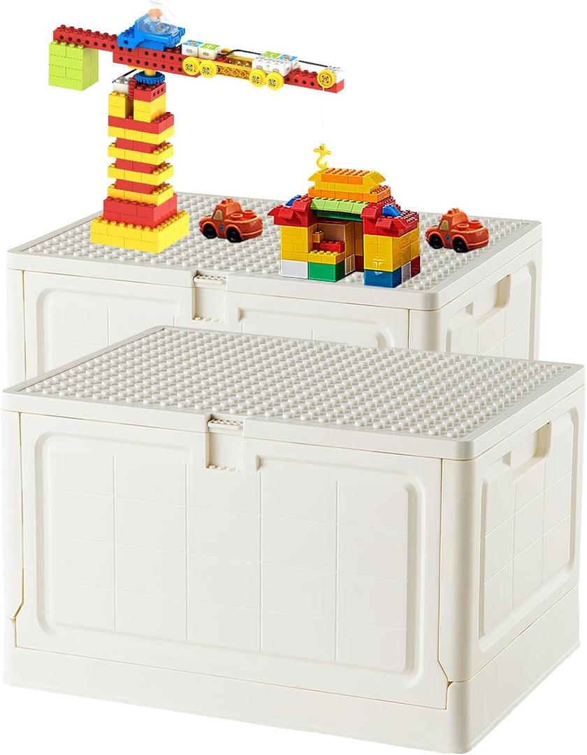 Folding Storage Box with Large Building Lid for Duplo Blocks, 28L Collapsible Storage Bin with Back Drawing Board, 29 Qt. Container Storage- 2Pack-White+White