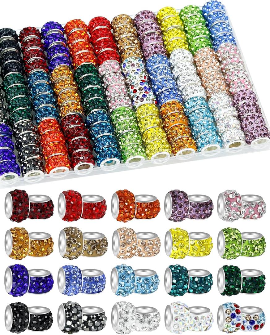 200PCS FIVEIZERO Rhinestone Large Hole Beads for Jewelry Making, 20 Colors Rhinestone European Beads Bulk Spacer Beads for Beadable Pens, DIY Crafts