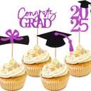 24Pcs 2025 Graduation Theme Cupcake Toppers Glitter Class of 2025 Graduation Cap Diploma Cupcake Picks 2025 Class Theme Party Cake Decorations Supplies (Purple)