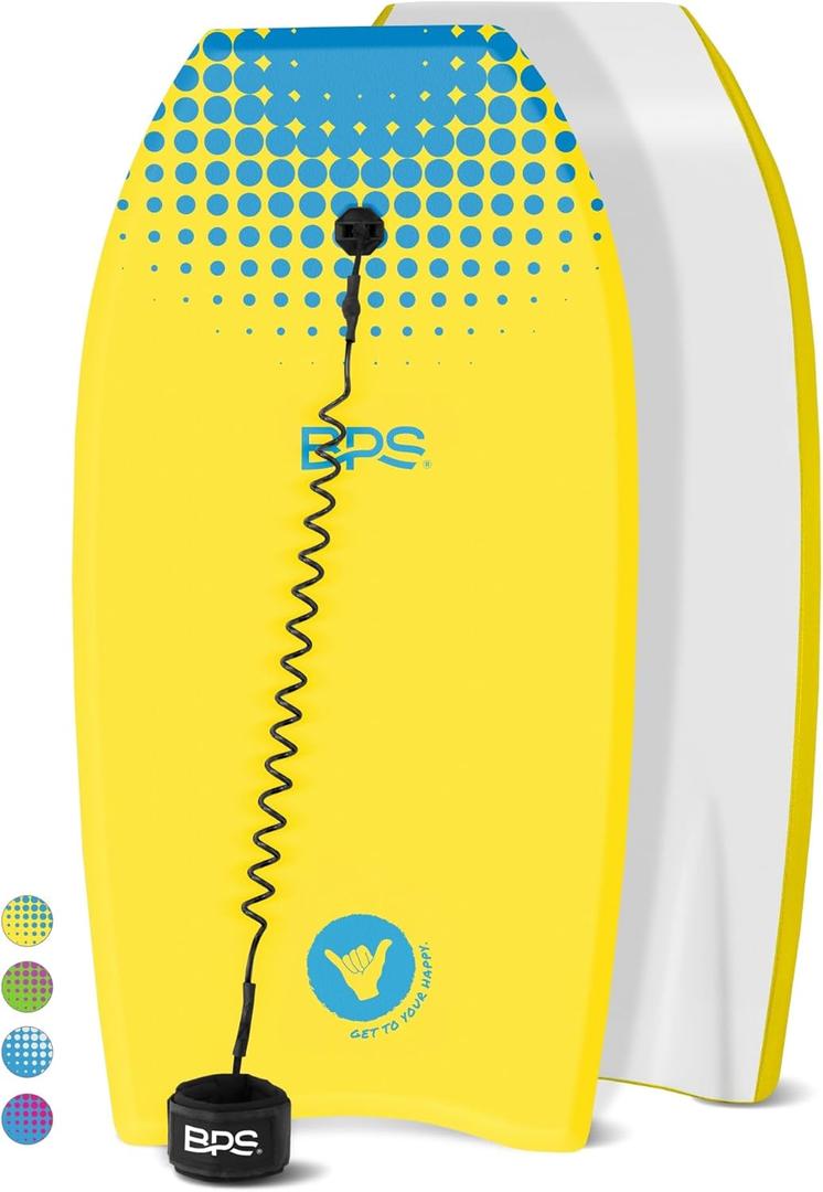 BPS New Zealand Shaka Body Board for All Wave Conditions - Lightweight with EPS Core, HDPE Slick Bottom, Body Boards for Beach with Wrist Leash and Plug for Kids and Adults - All Skill Levels (41 Inch, 14 Yellow Blue)