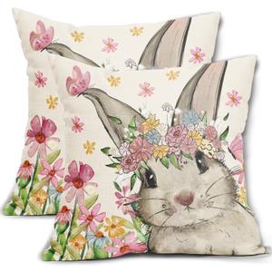 Spring Easter Pillow Covers 18x18 Set of 2 Cute Bunny Rabbit Floral Easter Decorations Watercolor Pink Flower Butterfly Decorative Throw Pillow Cases Outdoor Farmhouse Decor for Sofa Couch Bed