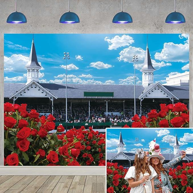 Rose Garden Racecourse Photography Background Run for The Roses Banner for Horse Racing Themed Celebratory Party Decorations Supplies (120x96 inch (10x8FT))