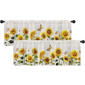 Emvency 2 Pack Valances Window Treatments Farmhouse Sunflower Spring Summer Butterfly Blackout Drapes Adjustable Curtain for Windows Living Room Kitchen Over Sink 18x52 Rod Pocket Valances