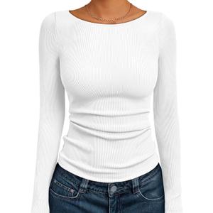 Trendy Queen Womens Long Sleeve Shirts Ribbed Underscrub Tops Boat Neck Basic Tees Fall Fashion Clothes 2025 (White)