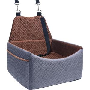 Dog Car Seat for Small Medium Dogs, Soft Fabric Dog Booster Seat with Storage Pockets, Safety Belt, Comfy Pet Car Seat Travel Bed, Removable and Washable (Grayish Brown)