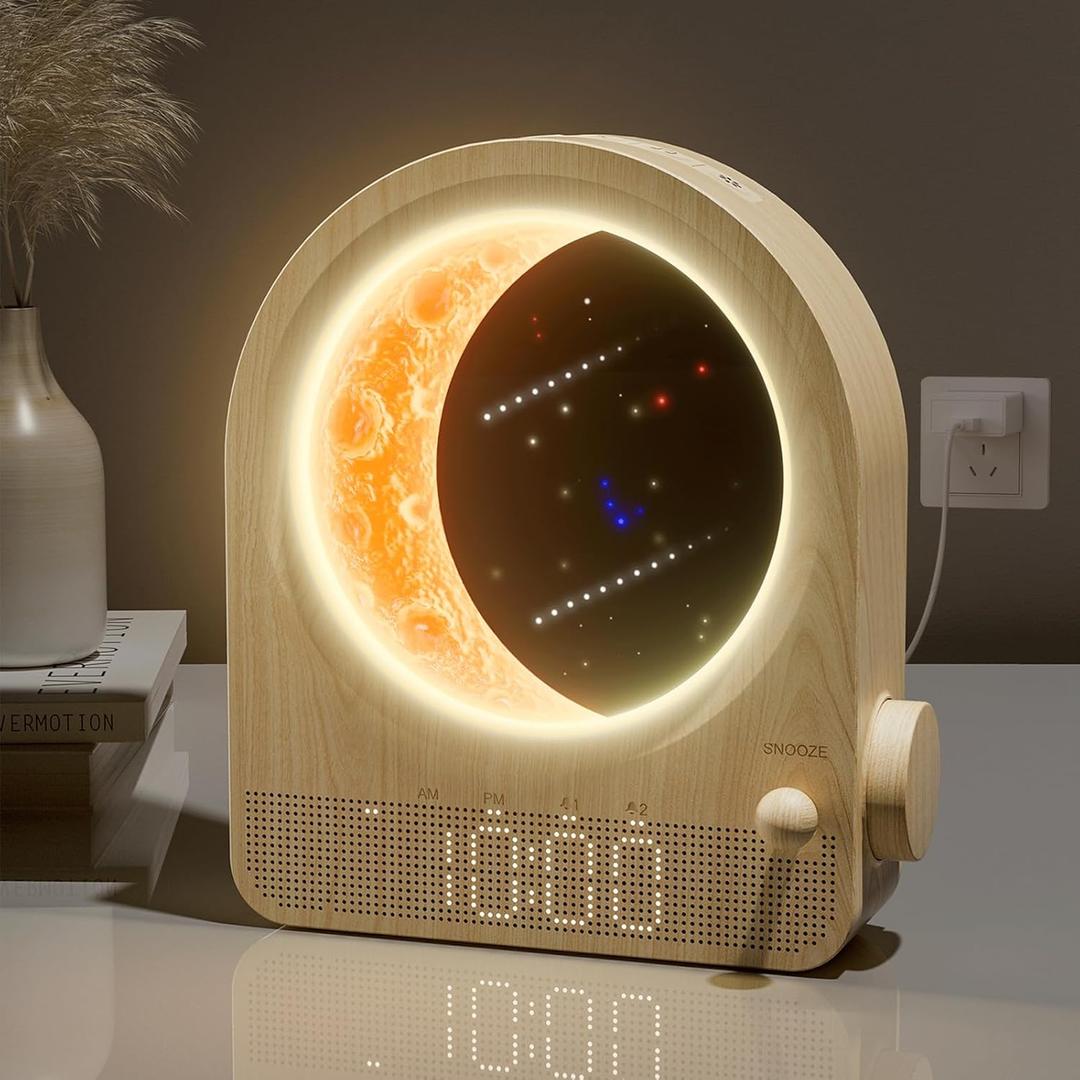 Sunrise Alarm Clocks for Bedrooms, Stepless Dimmable Moon Lamp Dual Alarm Clock with 12Levels Volume for Heavy Sleepers, 10 Natural Sounds with 30/60/90mins Timer, Gifts for Women (woodgrain)