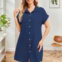 Cocoinsity Women's Casual Cotton Linen Dress Button Down Short Sleeve V Neck Loose Dress Summer Tunic Mini Dresses (Blue, S)