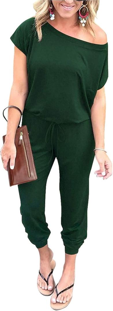 PRETTYGARDEN Jumpsuits for Women 2025 Dressy Casual Off Shoulder Romper Outfits Spring Vacation Travel Summer Lounge Clothes (Large, Dark Green)