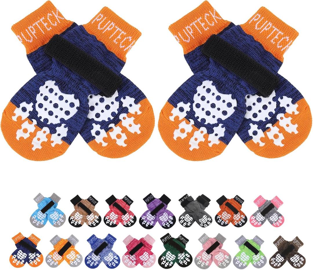PUPTECK Anti-Slip Dog Socks with Double Sides Grips for Dogs Hardwood Floors Prevents Licking, Dog Shoes for Hot Pavement Traction Control for Senior Dogs, Dark Blue, XS
