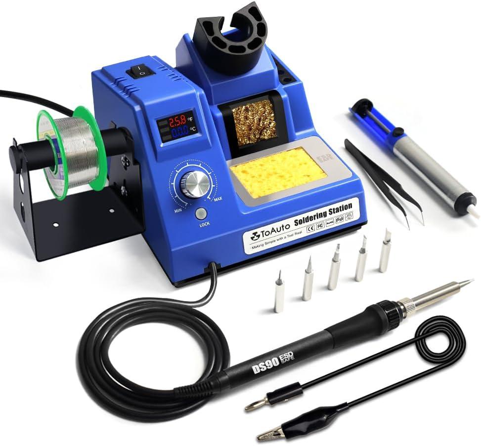 TOAUTO DS90 Soldering Station-F & C Dual Digital Display Soldering Iron Station Kit,90W Soldering Iron,302- 842 Temperature, Anti-Static & Grounding Wire, Auto Standby & Sleep,5 Solder Tips, Blue