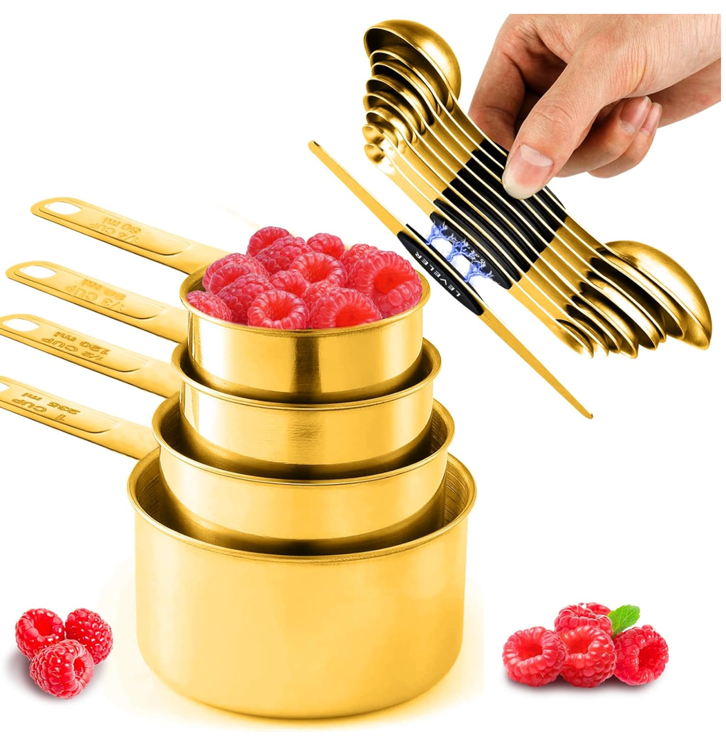 Sinnlicht 11 pcs Gold Stainless Steel Measuring Cups and Spoons Set, Including 8 DoubleSided Magnetic Measuring Spoons Set & 1 Leveler, 4 Metal Measuring Cups, Kitchen Accessroies for Cooking & Baking