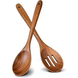 2Pcs Wooden Spoons for Cooking, Natural Premium Teak Wooden Spoon & Slotted Spoon, Good Grip Large Cooking Spoons Spatula, Heat Resistant Wooden Kitchen Cooking Utensils Set for Nonstick Cookware