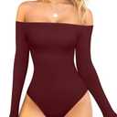 OQQ Bodysuits Womens Off-Shoulder Long Sleeve Seamless Shapewear Tops Darkred, Size M