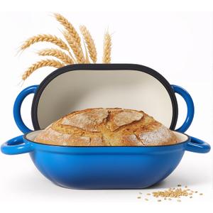 2 QT Oval Dutch Oven for Bread Baking, Enamelled Cast Iron Bread Oven for Sourdough, Sourdough Loaf Pan with Lid, Heavy-Duty Non Stick Bread Pan for Homemade Bread Baking, Blue