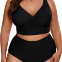 Eytino Womens Plus Size Bikini Sets High Waisted V Neck Bahting Suits Two Piece Color Block Swimsuits (4X, Black)