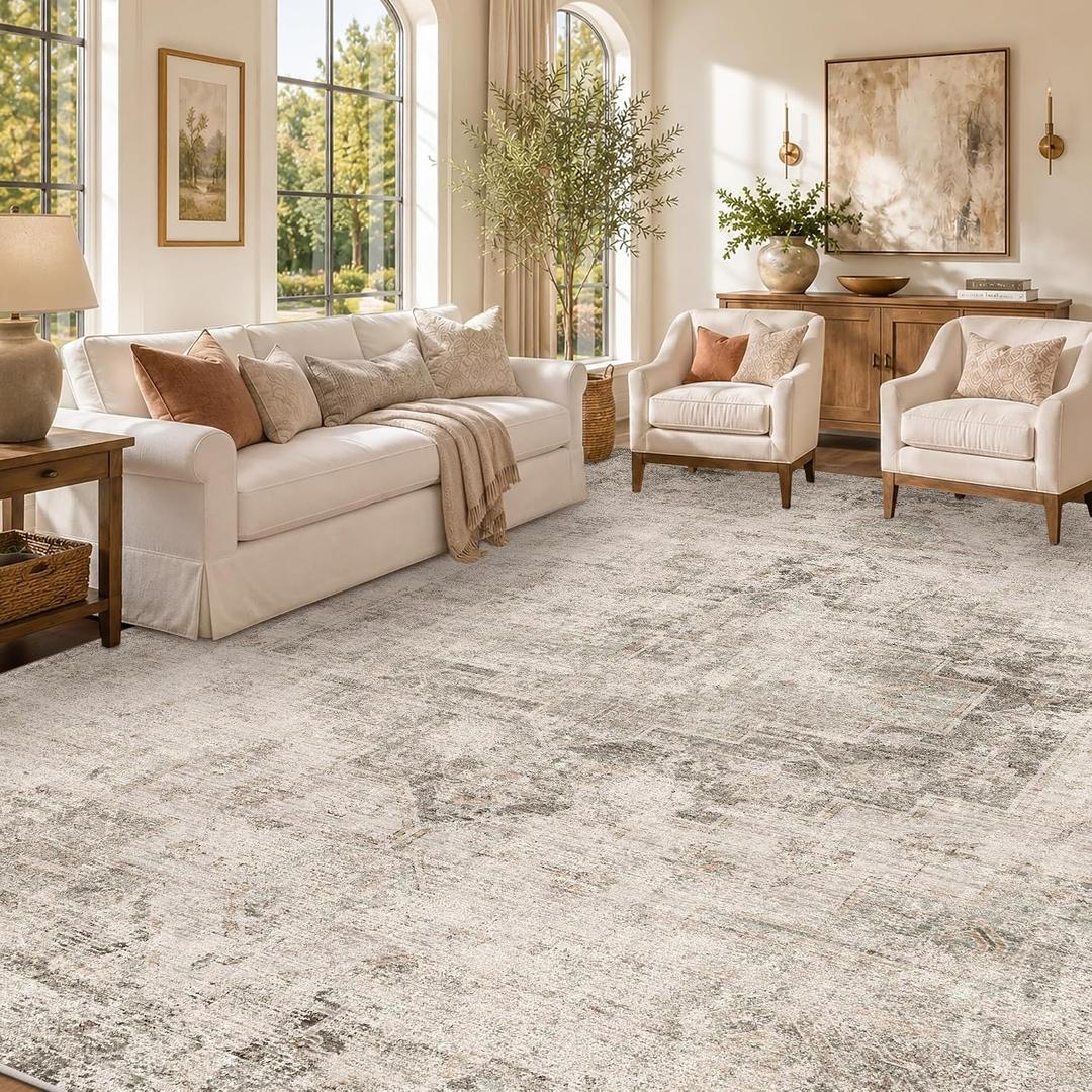 Farmhouse Area Rugs for Living Room, 8x10 Washable Abstract Rug for Bedroom, Dining Room Under Table and Home Office, Ultra-Soft Low Pile Design, Stain Resistant (Beige / Brown), Distressed Design