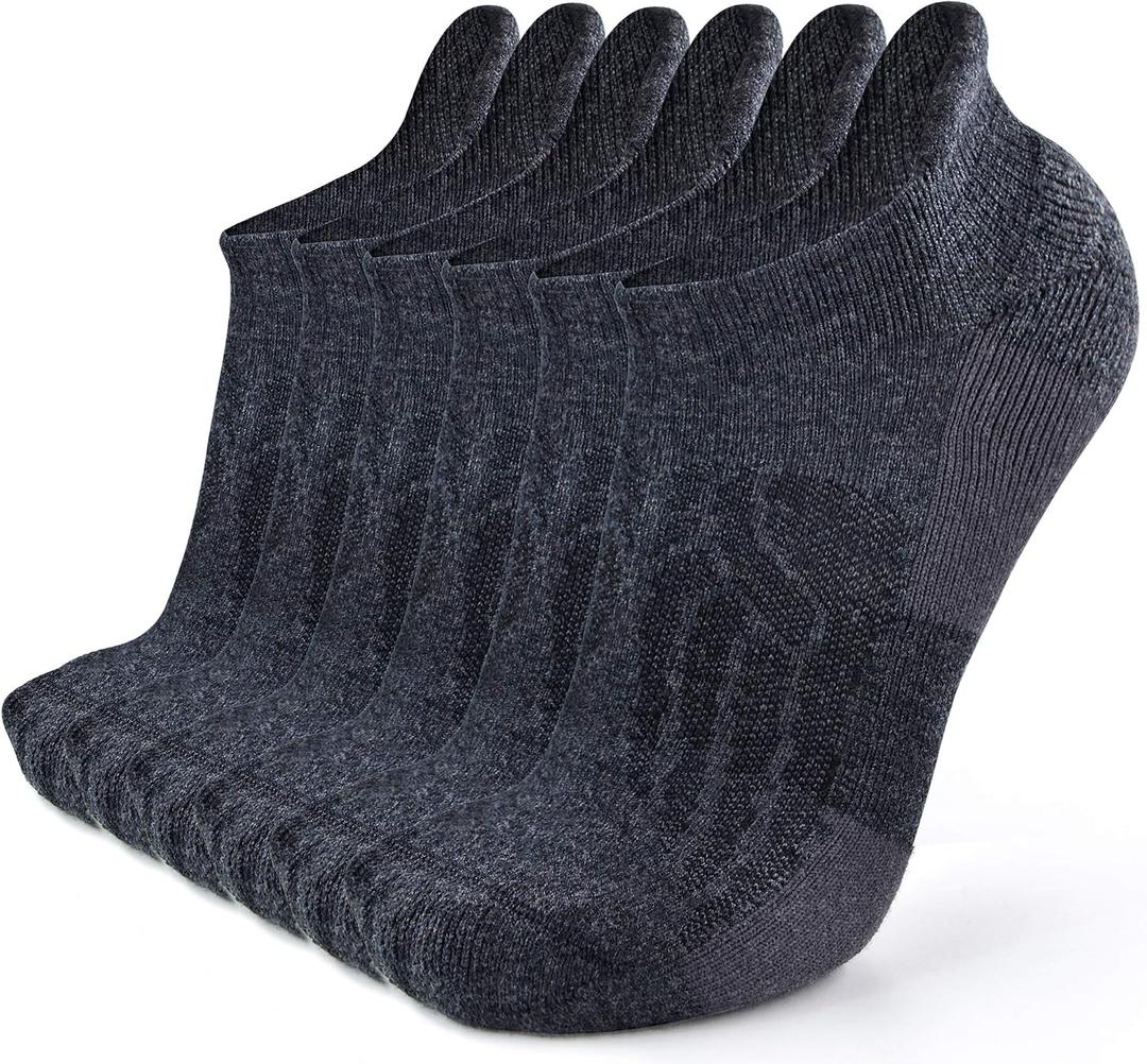 Busy Socks Ankle Hiking Socks Merino Wool for Men Women, No Show Merino Wool Dress Performance Support Athletic Cushion Tab Socks, Dark Grey, Large, 6 Pairs