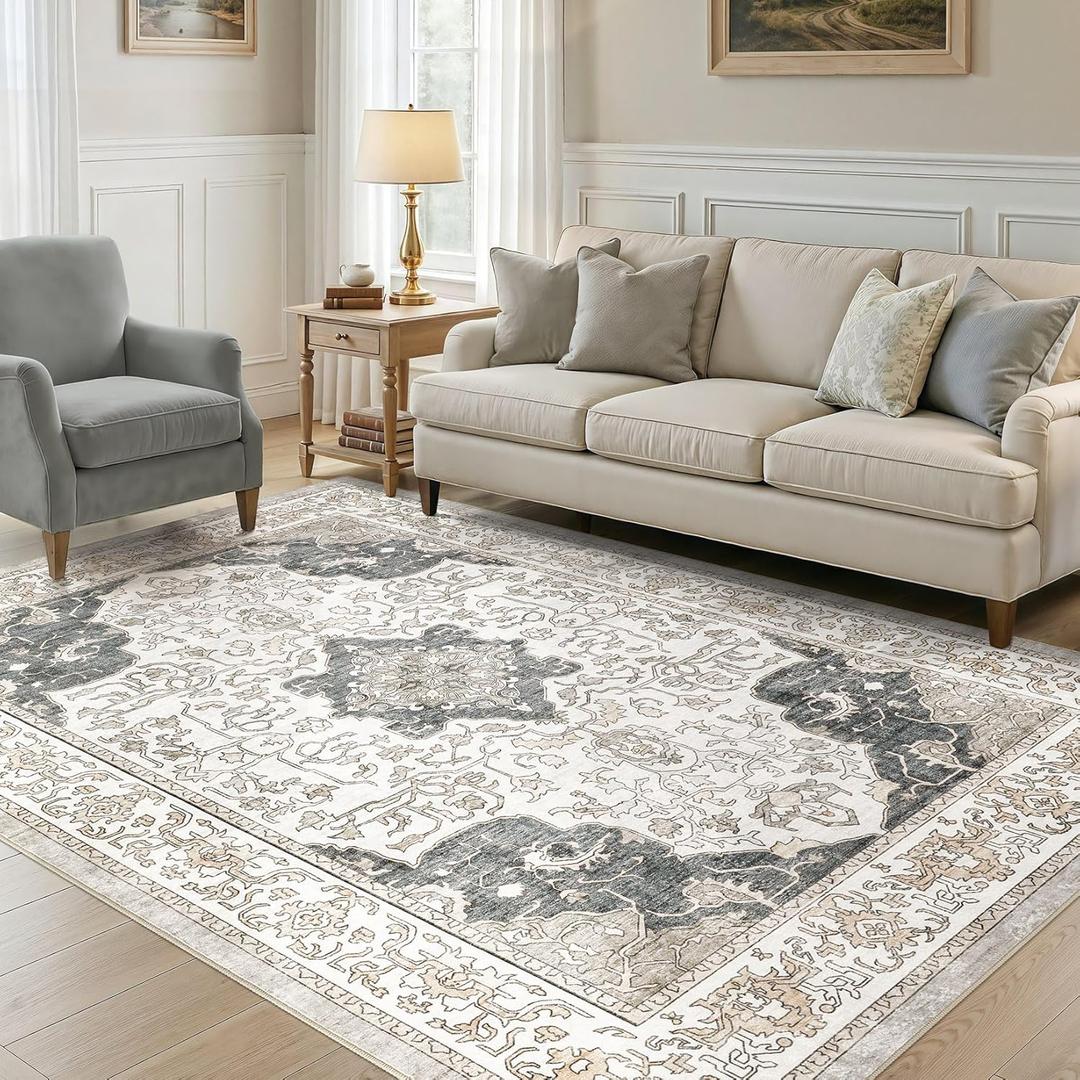 8x10 Area Rugs Large Washable Rugs for Living Room Soft Non-Slip Backing Stain Resistant Carpet for Bedroom Dining Room Vintage Rugs for Home Decor 8x10 Light Brown