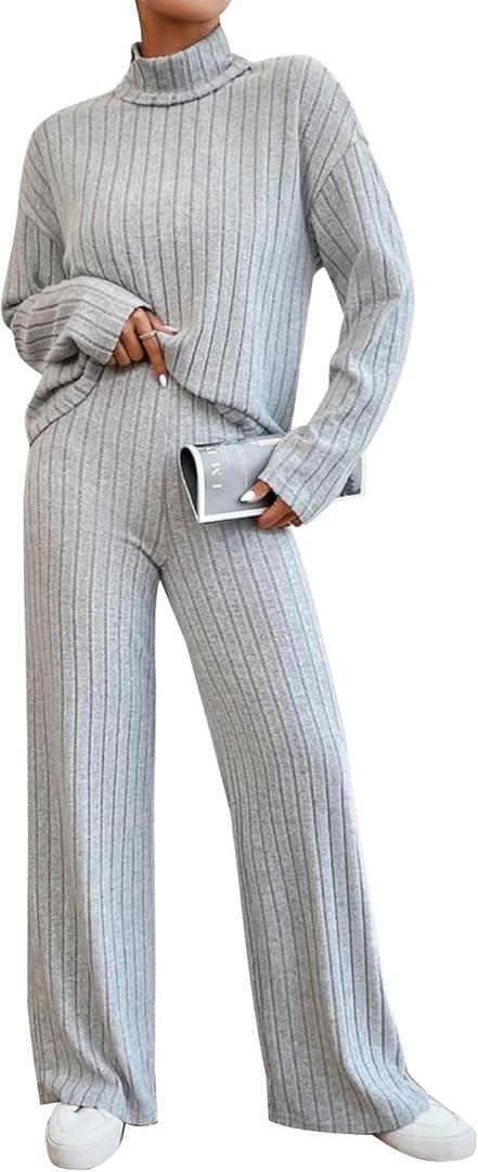 Women's Pajama Sets Turtleneck Long Sleeve 2 Piece Lounge Sets Ribbed Knit Sweater Sleepwear 2024 Pjs with Pockets (Gray, M)