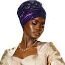 Women's African Turban Head Wrap Braid Beanie Cap Headwear Crystals Twisted Head Turbans for Women (Purple)