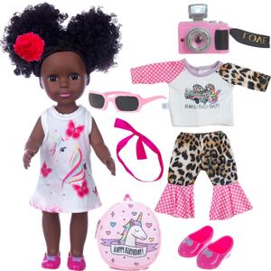 ZQDOLL Black Dolls and Baby Girl Doll Clothes Set Doll Accessories 14.5 inch African American Silicone Girl Doll with Camera Backpack Game Set