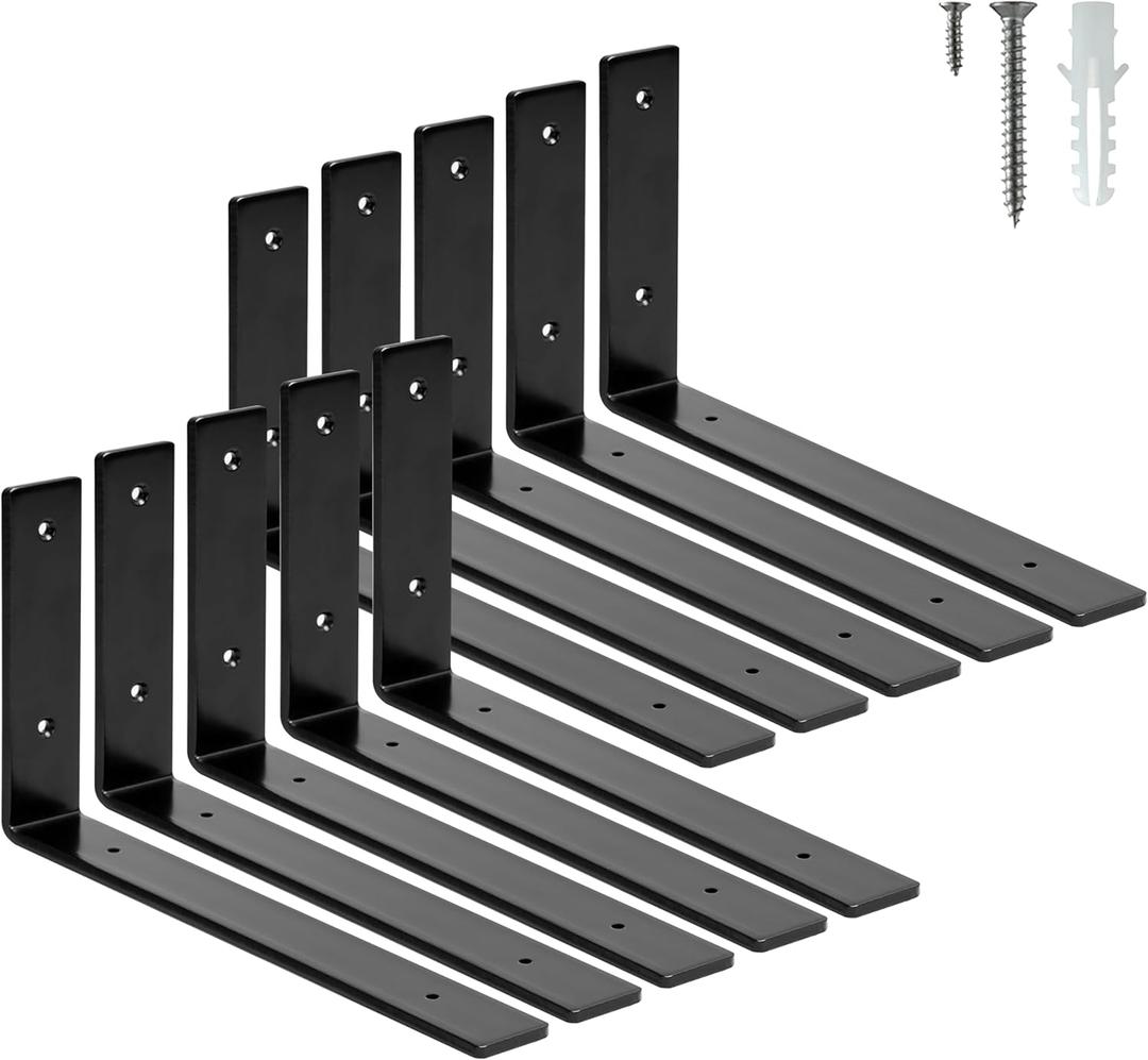 ELSKER&HOME Shelf Brackets 12 Inch, 10 Pack Floating Shelf L Brackets for Shelves Support, Black Metal Heavy Duty Shelf Brackets for DIY Decorative