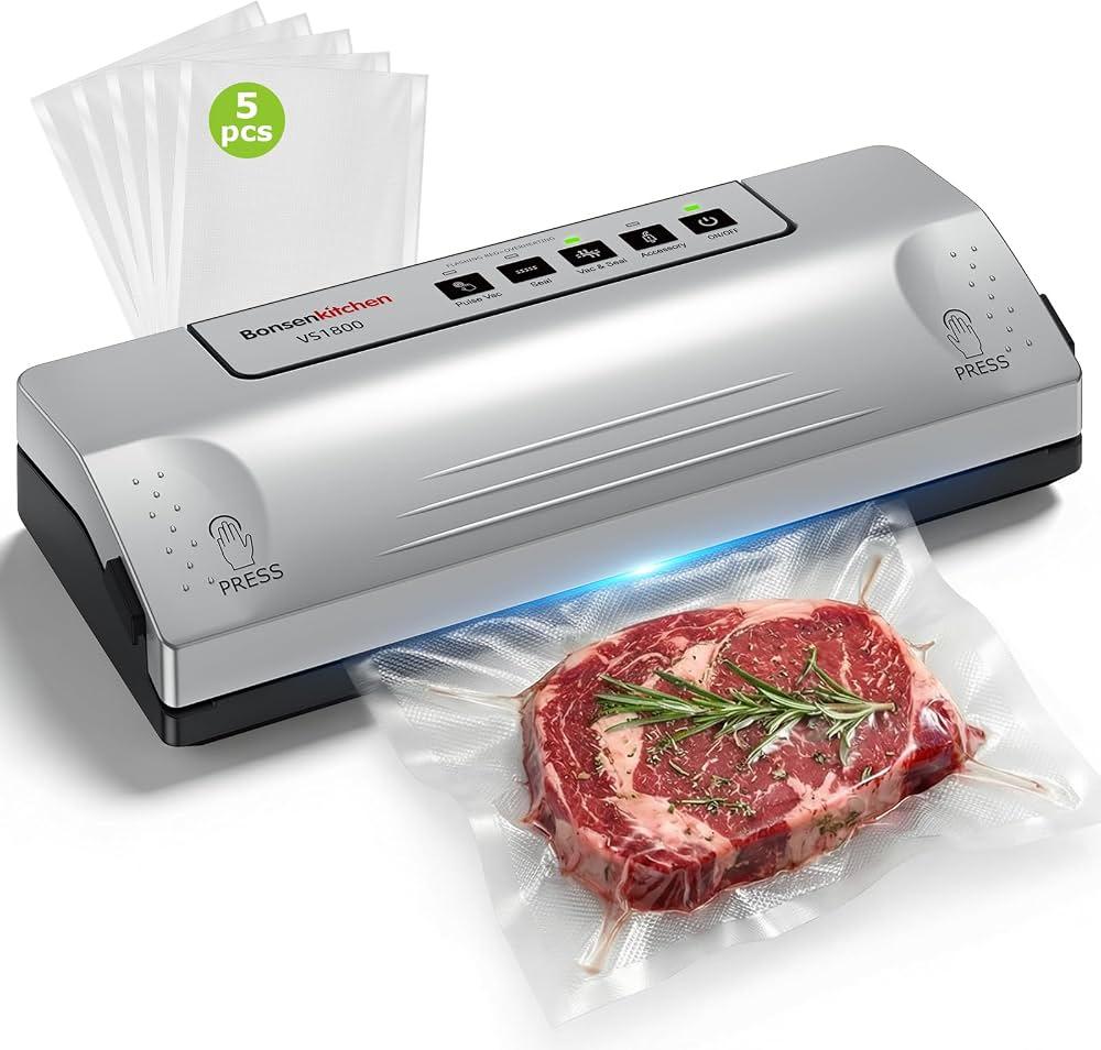 Bonsenkitchen Vacuum Sealer Machine for Food, Multi-Functional Food Sealer, Automatic Operation Mode, Commercial Grade, Compact Design, with 5 Vacuum Bags, Silver