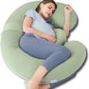 QUEEN ROSE Cooling Pregnancy Pillows - E Shaped Pregnancy Pillows for Sleeping, Detachable Body Pillow for Pregnant Side Sleeper, Cooling Silky Cotton Cover, Sage Green