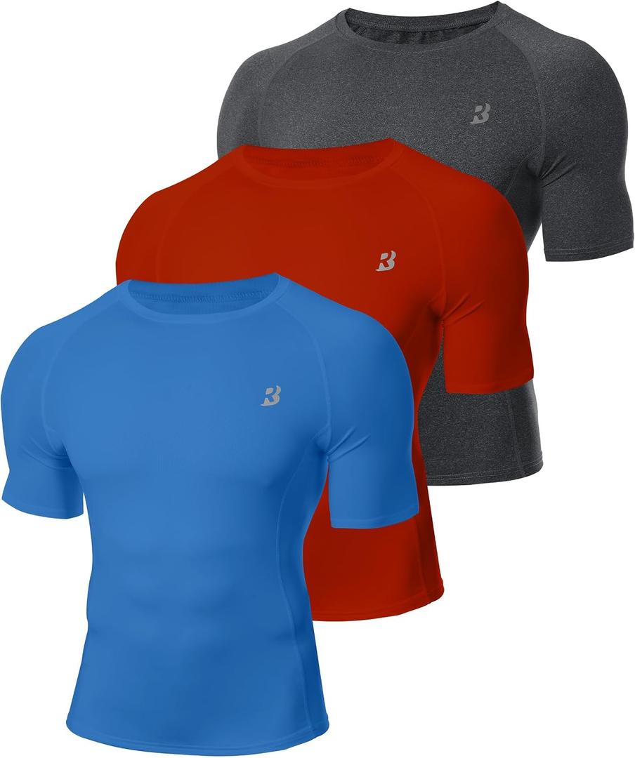 Roadbox Mens Compression Shirt Short Sleeve, 3 Pack Cool Dry Workout Base Layer Undershirts, Athletic T-Shirt for Gym Sports (Gray, M)