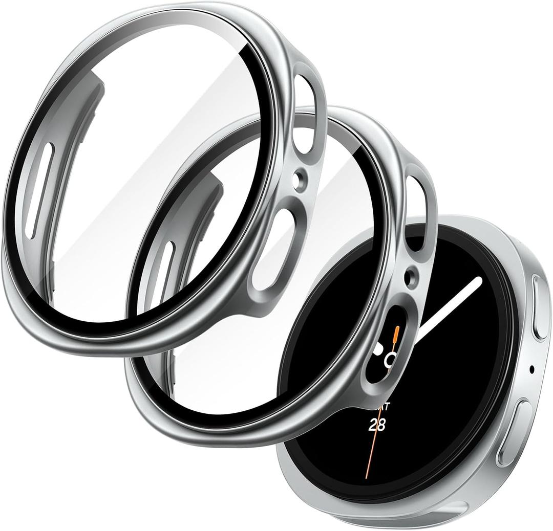 JETech Case with Screen Protector for Samsung Galaxy Watch 8 44mm, Overall Protective Cover, Built-in Tempered Glass Film High Sensitivity, 2 Pack (Silver)