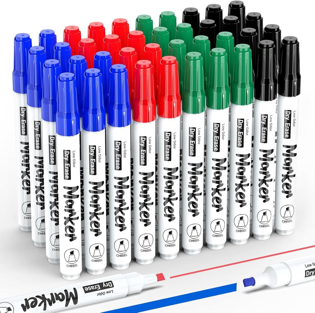 KERIFI Low Odor Dry Erase Markers for School, Chisel Tip Whiteboard Markers Non-Toxic, 40 Bulk 4 Assorted Colors Dry Erase Pens for Teachers, Sudents, Classroom, Home & Office Supplies