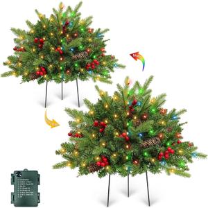 Timer 2 Pack Outdoor Christmas Tree Urn Filler 24 Inch Artificial Xmas Tree withPinecones Red Berries Tripod Stake Warm White & Colorful Lights Battery Operated 8 Mode Porch Decor Pathway Holiday Yard