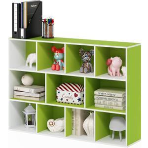 Furinno LUDER Book Shelf, 11-Cube Bookshelf, Reversible Bookcase, 9.4 x 29.1 x 41.7, Easy Assembly, for Living Room, Bedroom, Home Office, White/Green
