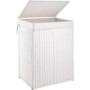 OIAHOMY Laundry Hamper with Lid, 23.8 Gal (90L) Wicker Hamper with Removable Liner Bags, Handwoven Clothes Basket with Handles, Foldable Woven Paper Rope Basket for Laundry Room, Bedroom-White