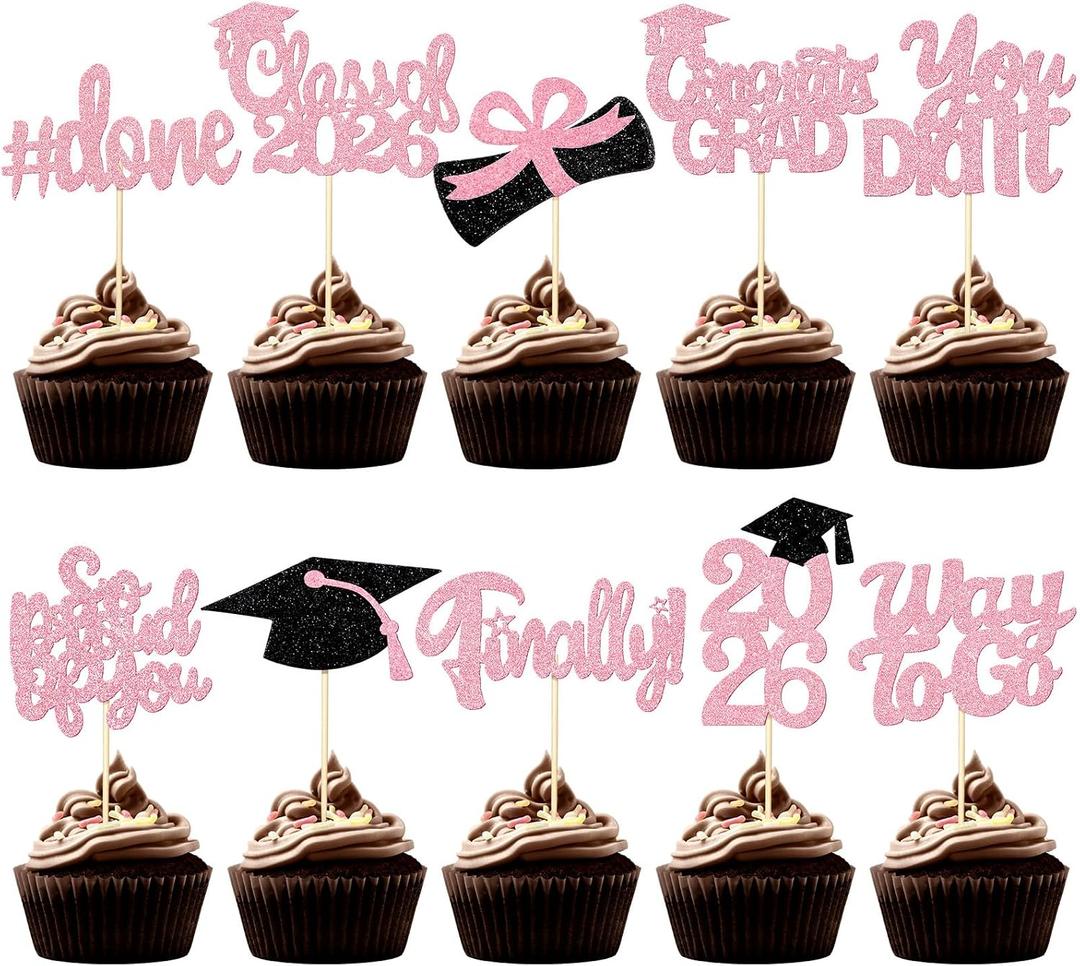 FoldTier Graduation Decorations 2026 100 Pcs Graduation Cupcake Toppers Congrats Grad Class of 2026 Cupcake Picks Toppers Diploma Supplies for Party Decorations(Pink)
