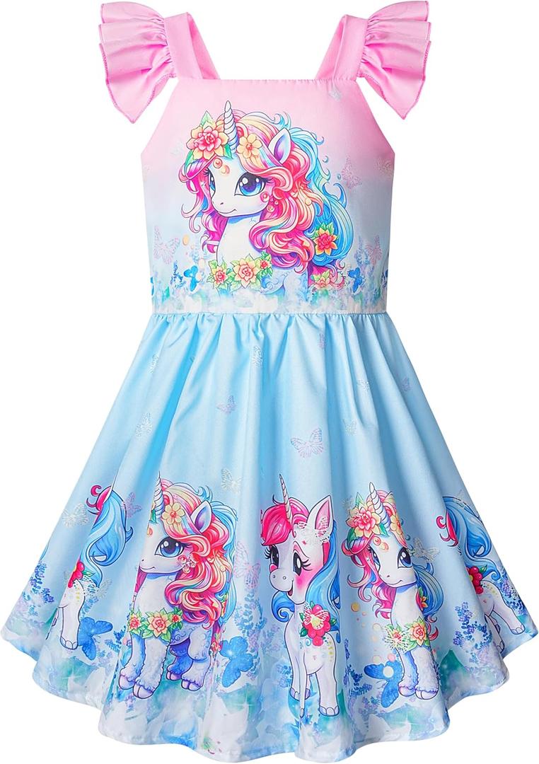 LQSZ Girls Dress Ruffled Sleeves Easter Summer Cartoon Princess Valentine Casual Style Dresses for Toddler Kids 2-12 Years (6-7 Years, A-unicorn-short)