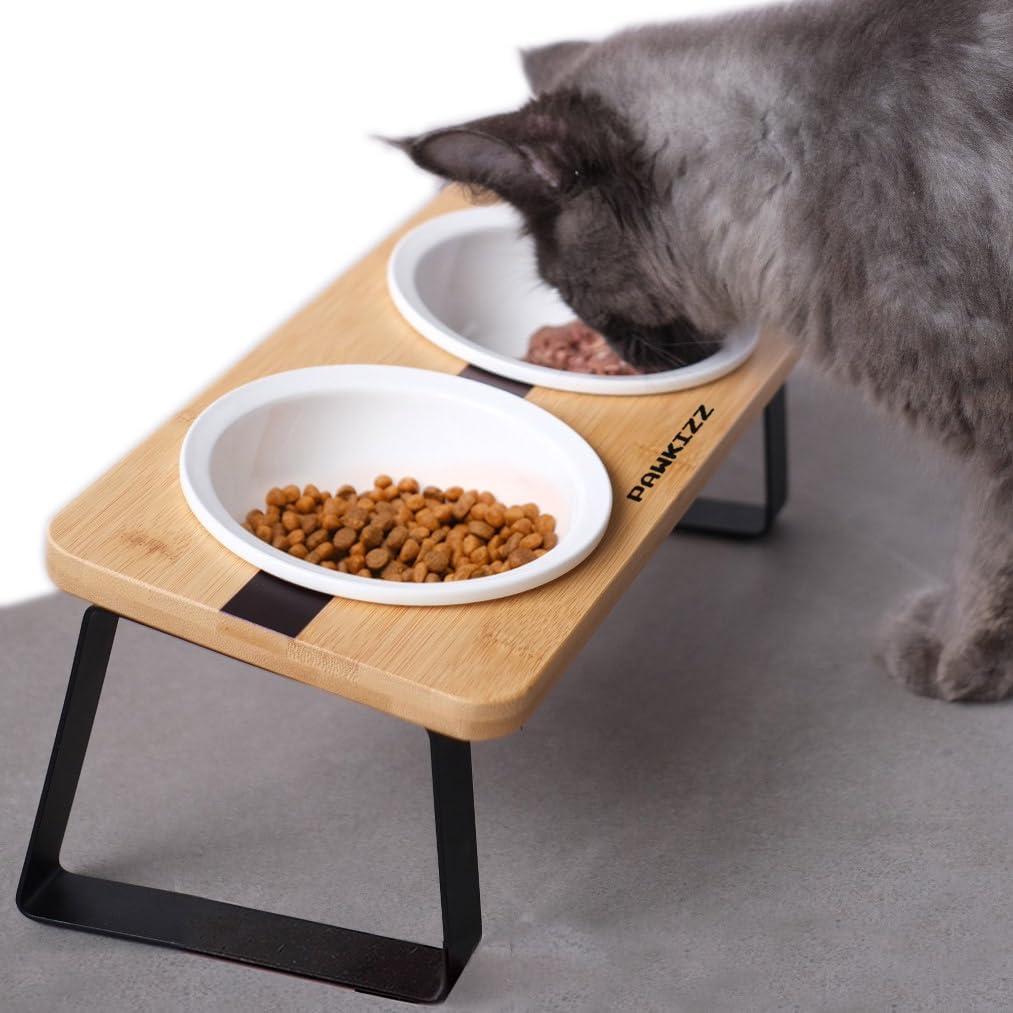 Elevated Cat Bowl Stand for Food and Water  Anti-Vomit Raised Feeding Station with Tilted Stand  Removable Round Ceramic Bowls, Anti Slip Bamboo Base, Dishes for Cats, Kitten, Small Dogs & Puppies