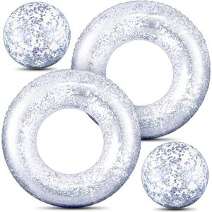 Hungdao 4 Pcs Glitter Inflatable Pool Float Tube Confetti Swim Ring and Glitter Beach Ball Confetti Inflatable Beach Ball for Adult Teens Summer Pool Favor(Silver)