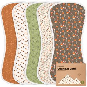 Organic Burp Cloths Baby Boy & Girl - 5-Pack Super Absorbent Cotton Burping Cloths for Babies, Soft & Plush Newborn Spit Up Rags, Infant Towels for Milk Spit Up, Unisex, Large 21" x 10" (Fall Spores)