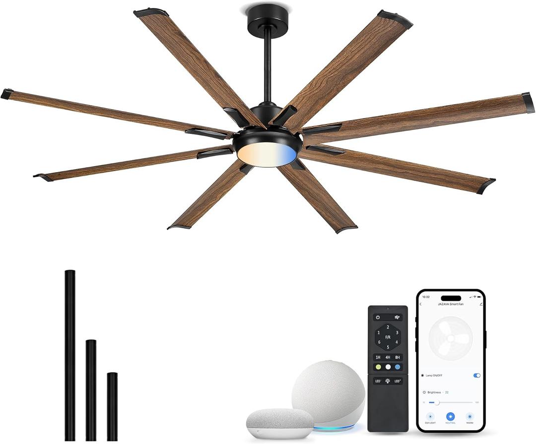 72 Inch Ceiling Fan with Light, Industrial Design with 8 Aluminum Blades, Smart Control Compatible with Alexa, Indoor Outdoor Garage Fan for Living Room Patio, Model ZCCF04WD-72 (Dark Wood Grain)