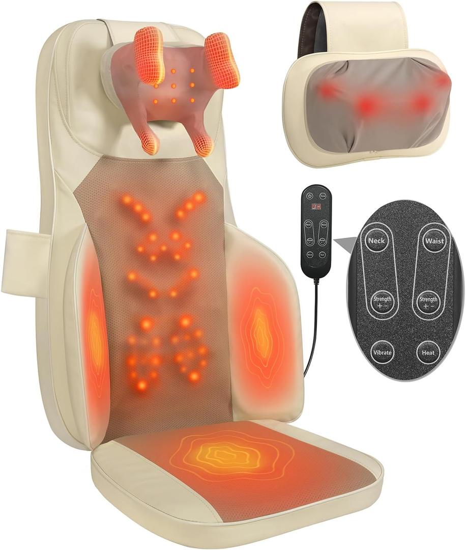 Shiatsu Massage Cushion with Heat for Neck and Back - 4D Kneading, Vibration and Dual-Neck Design, Adjustable Intensity and Height, Help with Muscle Stiffness, for Office Chair, Home, Beige