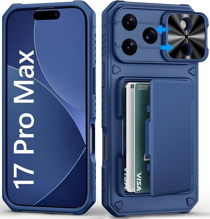 BXYJY for iPhone 17 Pro Max Wallet Case，2 Privacy Screen Protectors, Card Holder (45 Cards), Slide Camera Lens Cover, Military Drop, Rugged Heavy Duty Men Women Phone Case for iPhone 17Pro Max, Blue