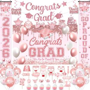 Pink Graduation Decorations 2026, Class of 2026 Decorations, Pink Graduation Decorations 2026 Include Backdrop, Proch Banner, Balloons, Hanging Swirls, Photo Booth, Cupcake toppers