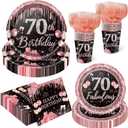 250PCS 70th Birthday Party Decorations for 50 Guests Black and Rose Gold Party Supplies for Women Include Disposable Paper Plates, Napkins, Cups, and Disposable Plastic Cutlery (70)