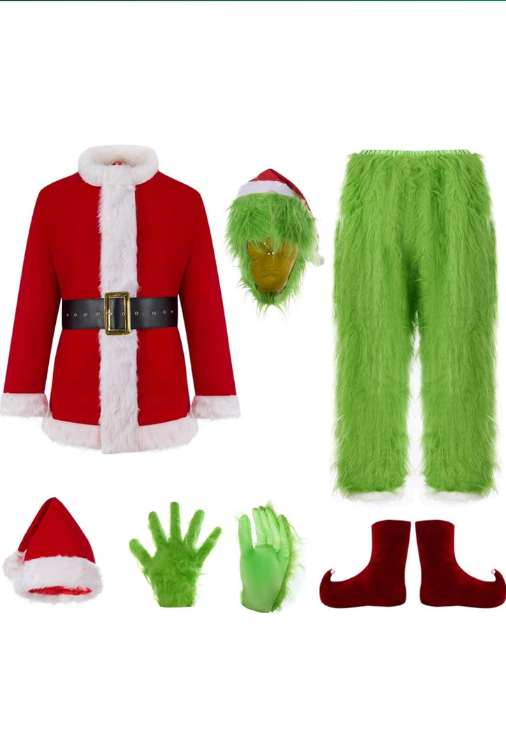 7PCS Christmas Costumes-Adult Furry Christmas Cosplay Costume Santa Outfit Sets, Size XL