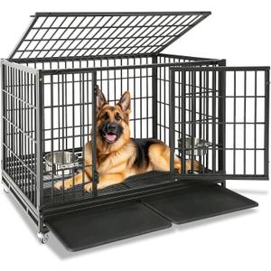 Homey Pet 48 Inch Heavy Duty Indestructible Dog Crate, Stackable Escape Proof Dog Cage Kennel Indoor with Two Trays, Metal Grids, Wheels, Bowls, Double Doors for High Anxiety Large Dogs (47.5"L x 30.0"W x 36.5"H), Black 
